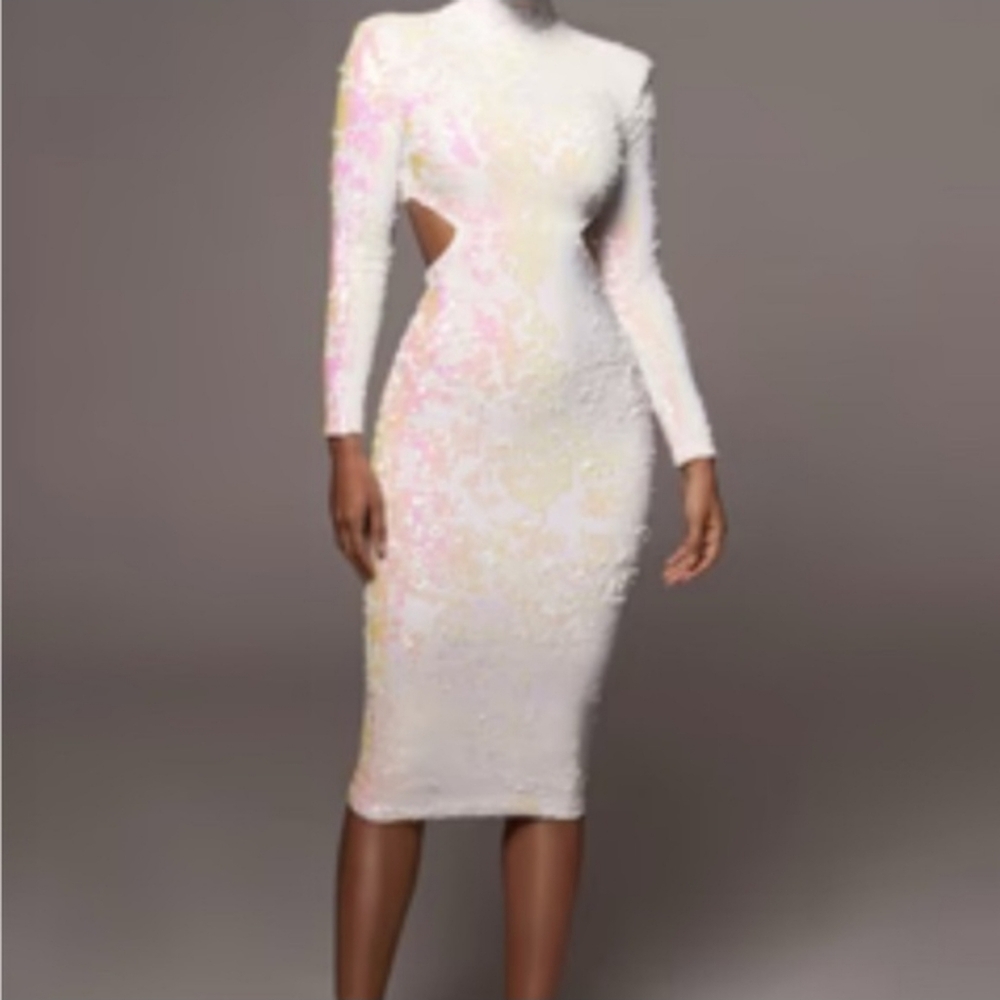 Jluxlabel Utopia Ivory White Sequin Dress Medium Cutouts Long Sleeve